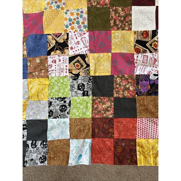An unfinished Bordered Squares quilt top 41” x52.5” Yellow Pink Green Brown Blue - Picture 9 of 10